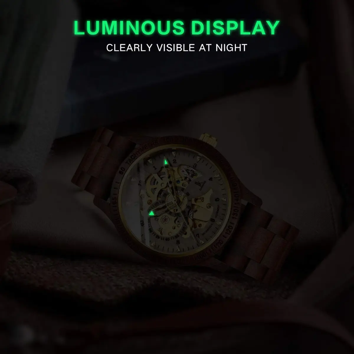 IK COLOURING Men's Luxury Mechanical Wooden Watch with Skeleton Dial, Luminous Hands, Brown (44mm Case) - view 7