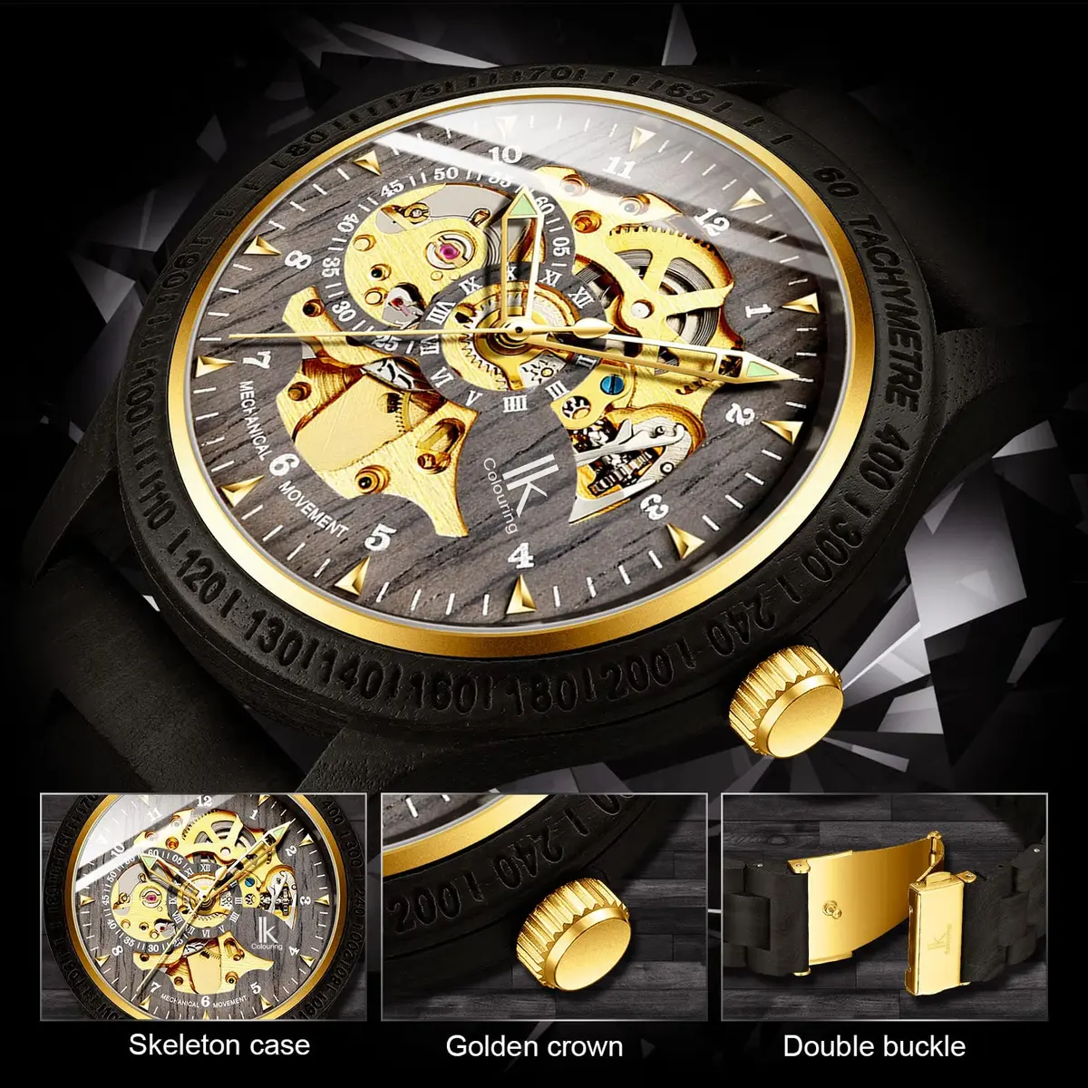 IK COLOURING Men's Luxury Mechanical Wooden Watch | 44mm Case, 22mm Band - view 5