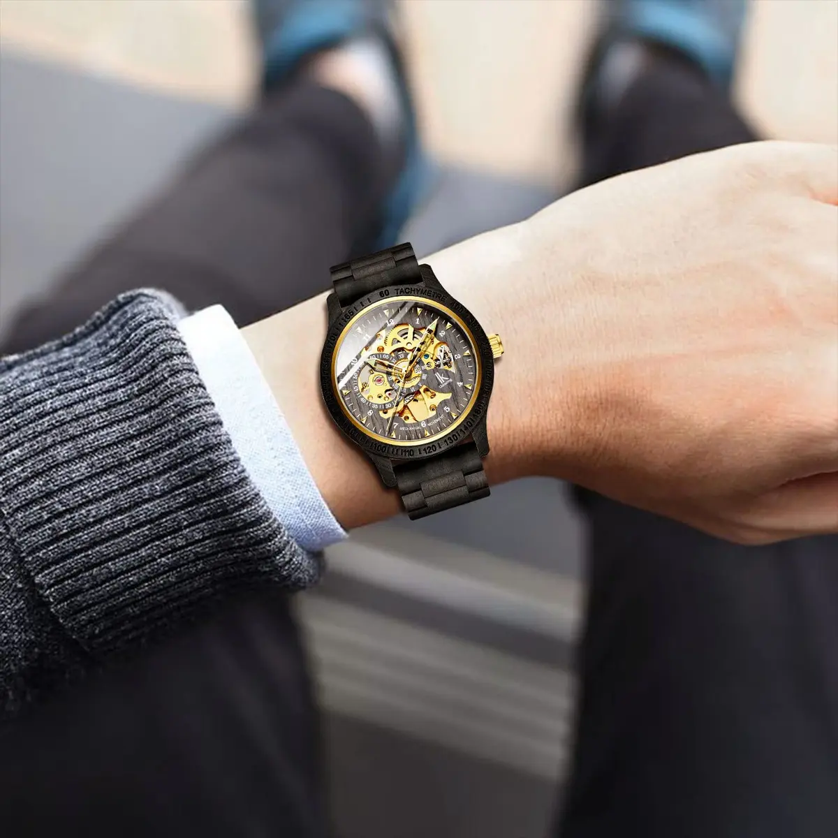 IK COLOURING Men's Luxury Mechanical Wooden Watch | 44mm Case, 22mm Band - view 2
