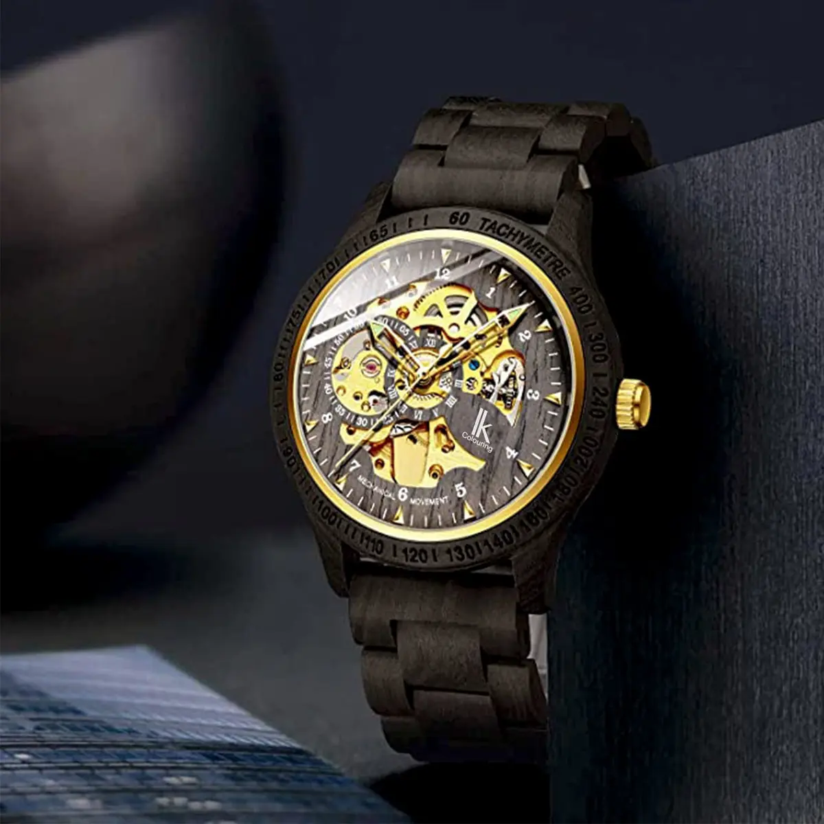 IK COLOURING Men's Luxury Mechanical Wooden Watch | 44mm Case, 22mm Band - view 3