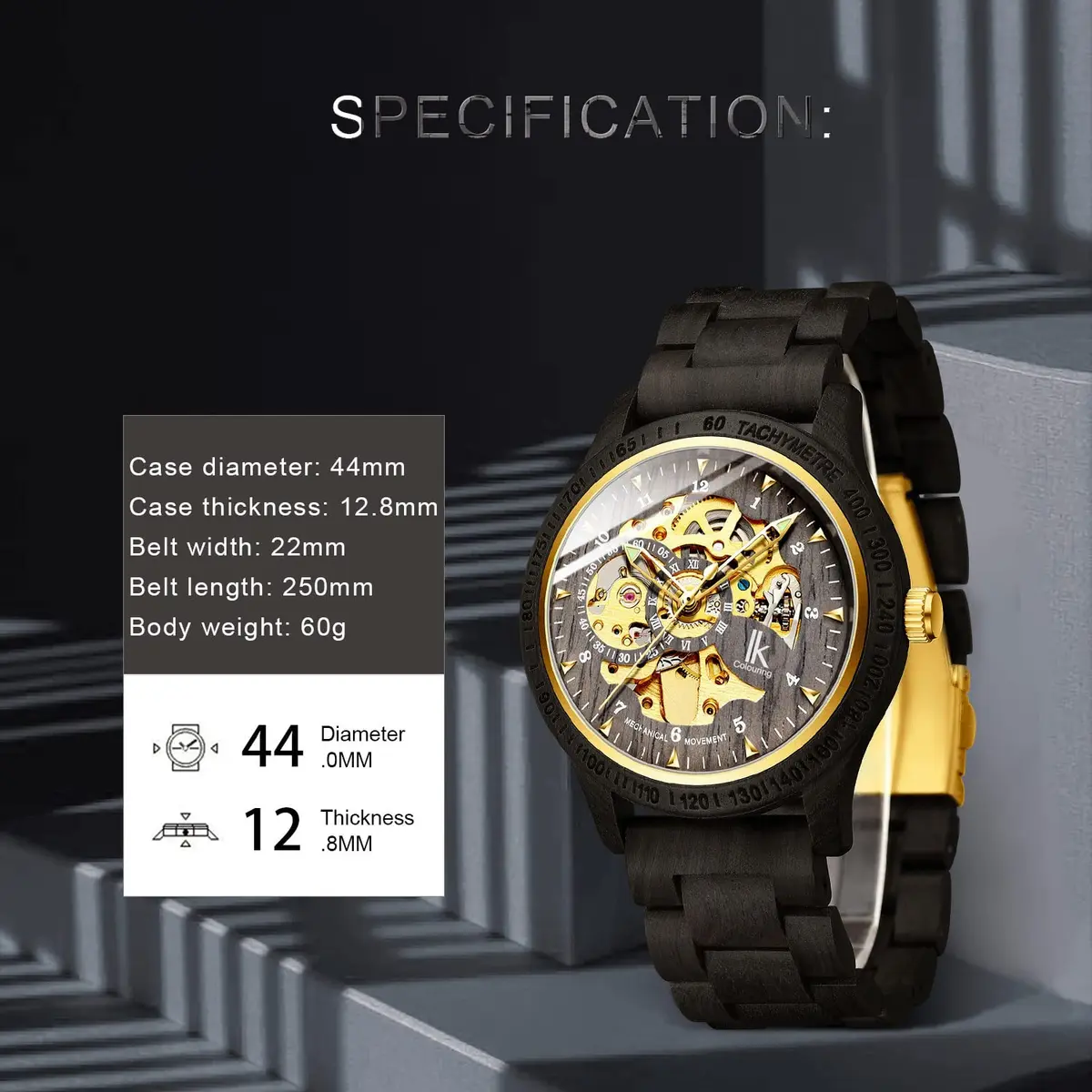 IK COLOURING Men's Luxury Mechanical Wooden Watch | 44mm Case, 22mm Band - view 4