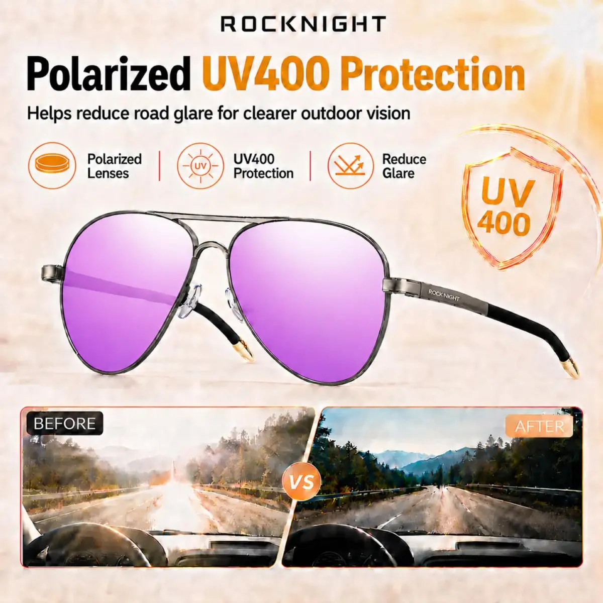 ROCKNIGHT Polarized Aviator Sunglasses Men Women UV400 Metal Frame Driving | Classic Fashion Aviator Style - view 3