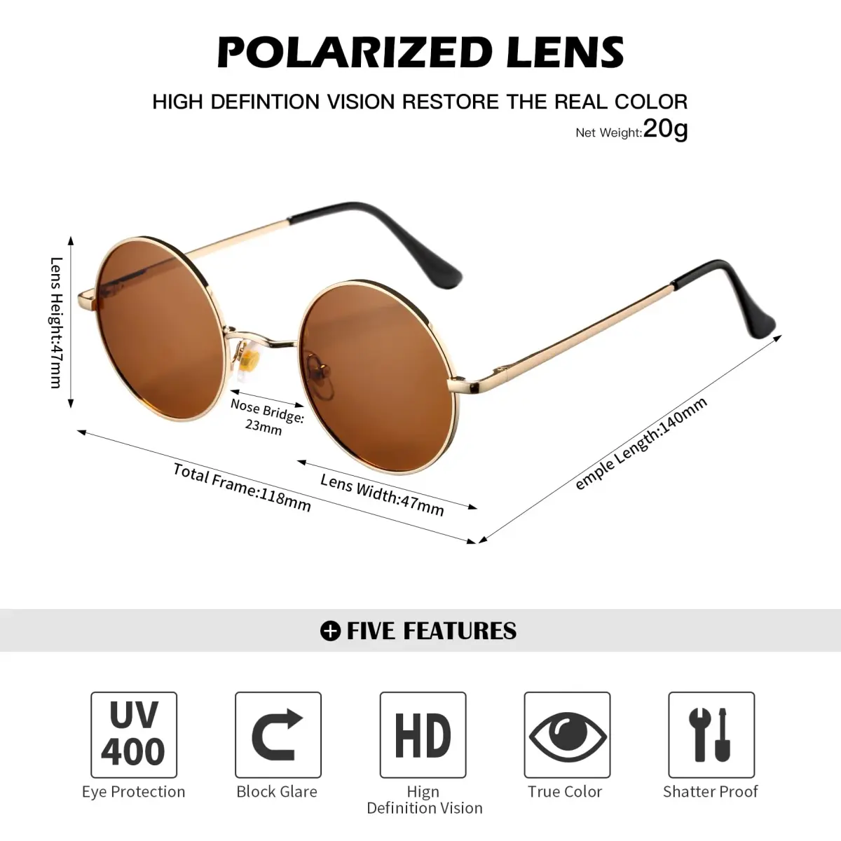 Pro Acme Small Round Polarized Sunglasses - Gold Frame with Brown Lens, UV400 Protection - view 4