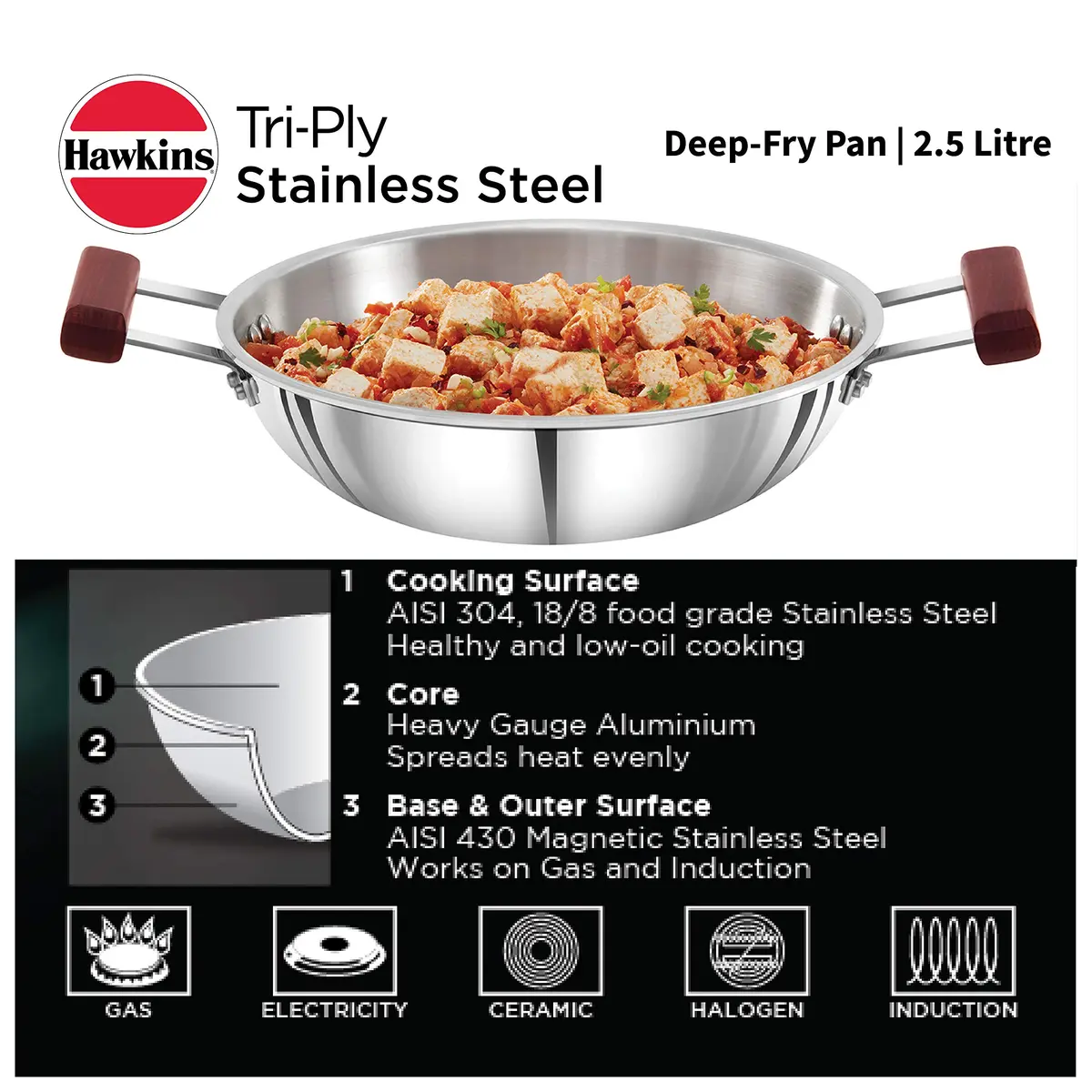 Hawkins Tri-Ply Stainless Steel Deep Fry Pan Kadai 2.5 Litre (9.1 cm Height) | Induction Compatible - view 2