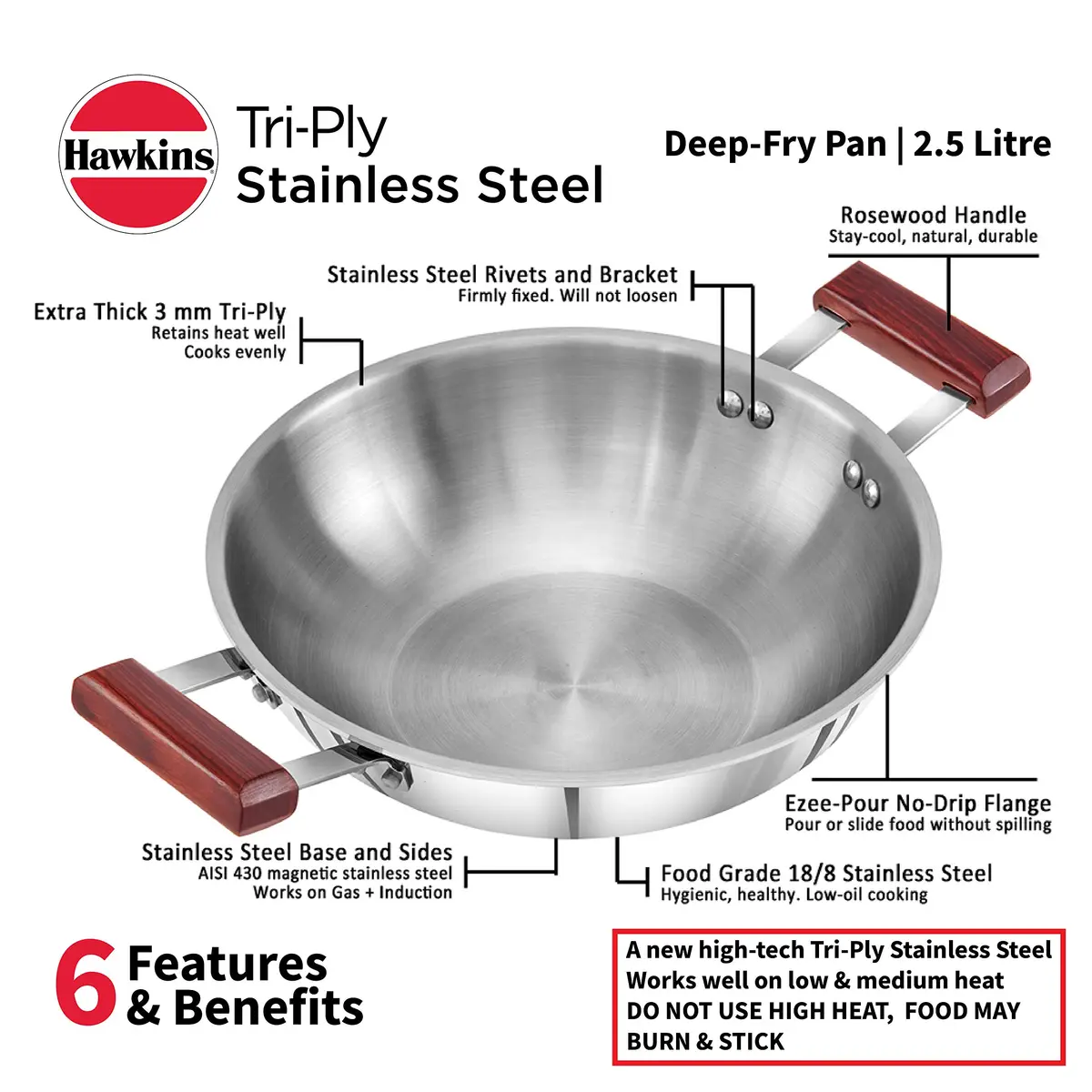 Hawkins Tri-Ply Stainless Steel Deep Fry Pan Kadai 2.5 Litre (9.1 cm Height) | Induction Compatible - view 3