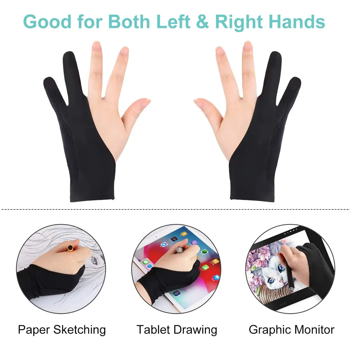 Mixoo Artists Gloves 2 Pack - Palm Rejection Gloves with Two Fingers for Paper Sketching, iPad, Graphics Drawing Tablet, Suitable for Left and Right Hand (Large) - view 5