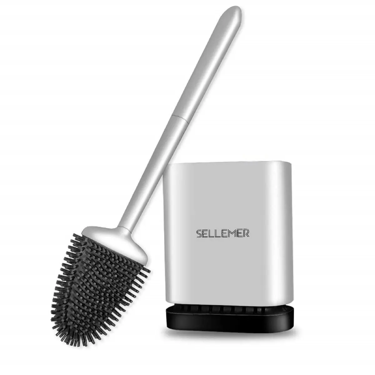Sellemer Silicone Toilet Brush with Ventilation Holder | Flat Head, Hair-Free, Rustproof Handle (Silver, 1 Pack) - main product image