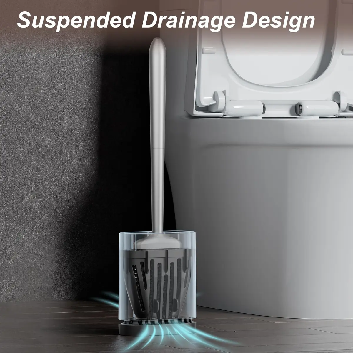 Sellemer Silicone Toilet Brush with Ventilation Holder | Flat Head, Hair-Free, Rustproof Handle (Silver, 1 Pack) - view 5