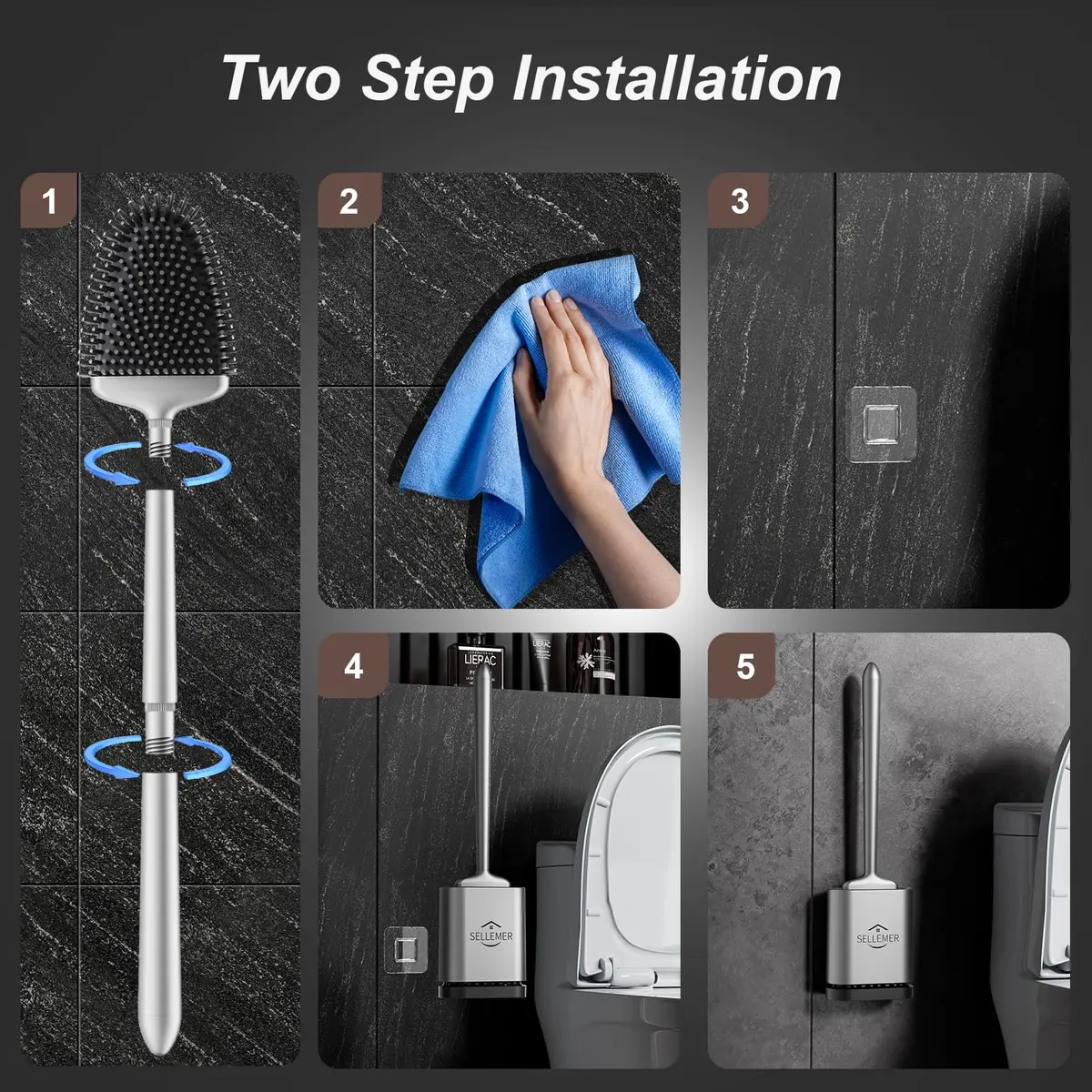 Sellemer Silicone Toilet Brush with Ventilation Holder | Flat Head, Hair-Free, Rustproof Handle (Silver, 1 Pack) - view 6