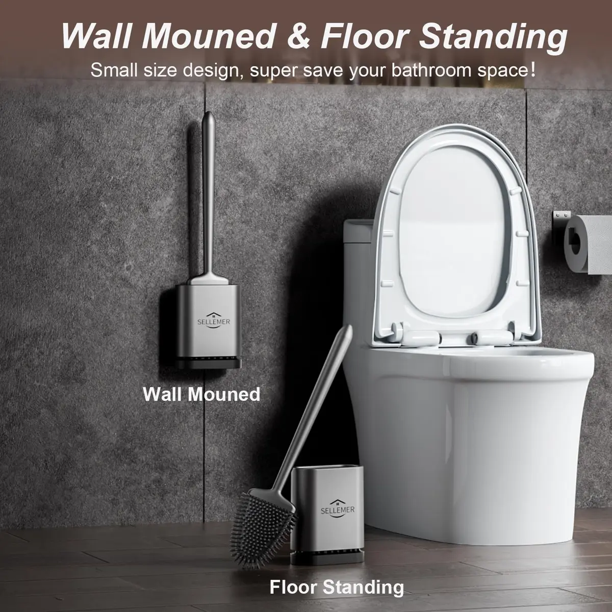 Sellemer Silicone Toilet Brush with Ventilation Holder | Flat Head, Hair-Free, Rustproof Handle (Silver, 1 Pack) - view 8