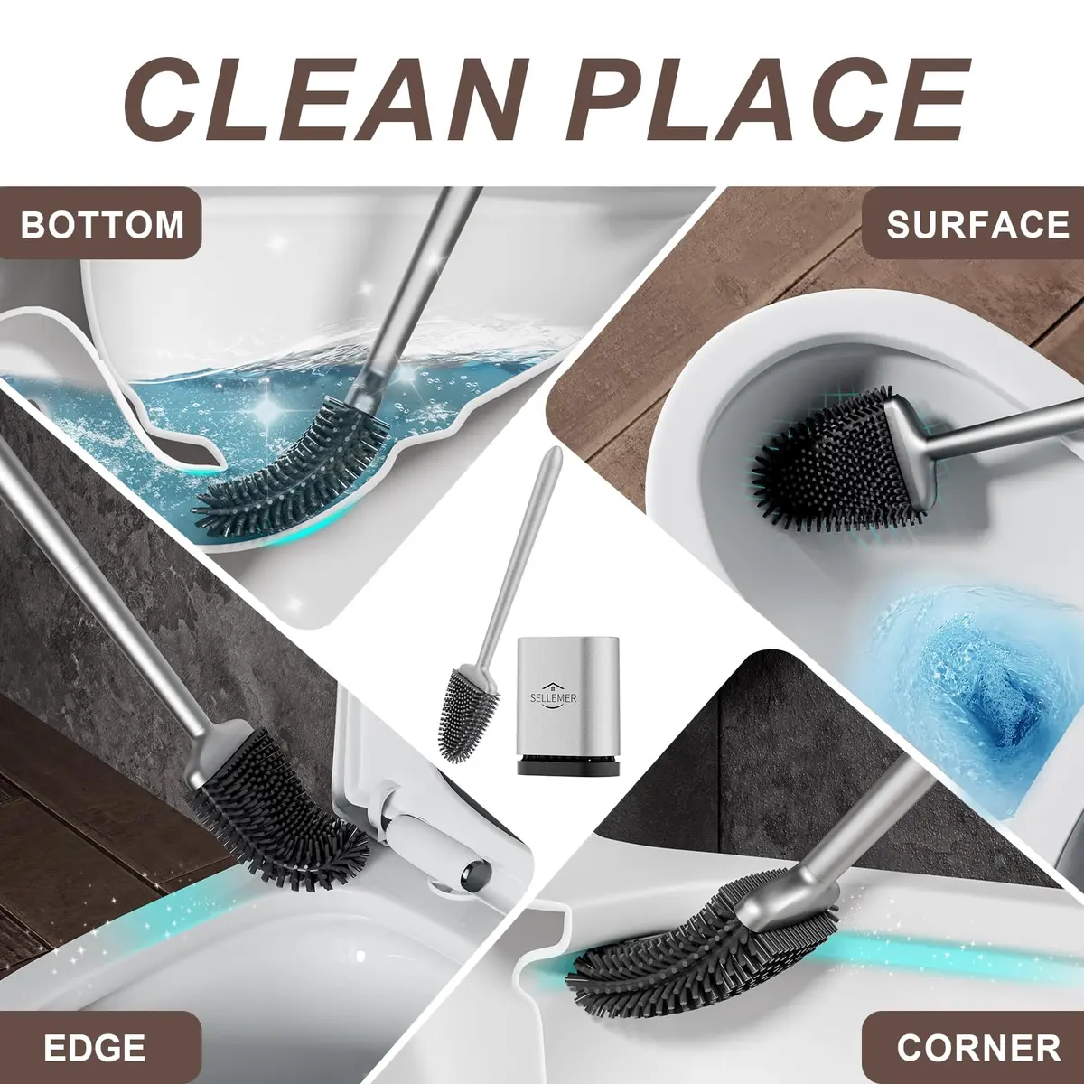 Sellemer Silicone Toilet Brush with Ventilation Holder | Flat Head, Hair-Free, Rustproof Handle (Silver, 1 Pack) - view 2