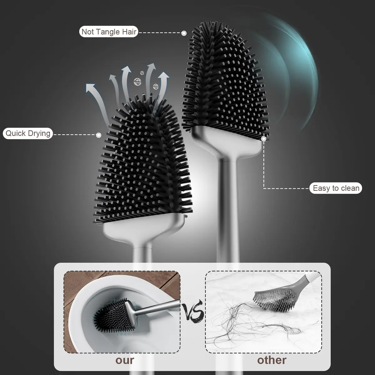 Sellemer Silicone Toilet Brush with Ventilation Holder | Flat Head, Hair-Free, Rustproof Handle (Silver, 1 Pack) - view 3