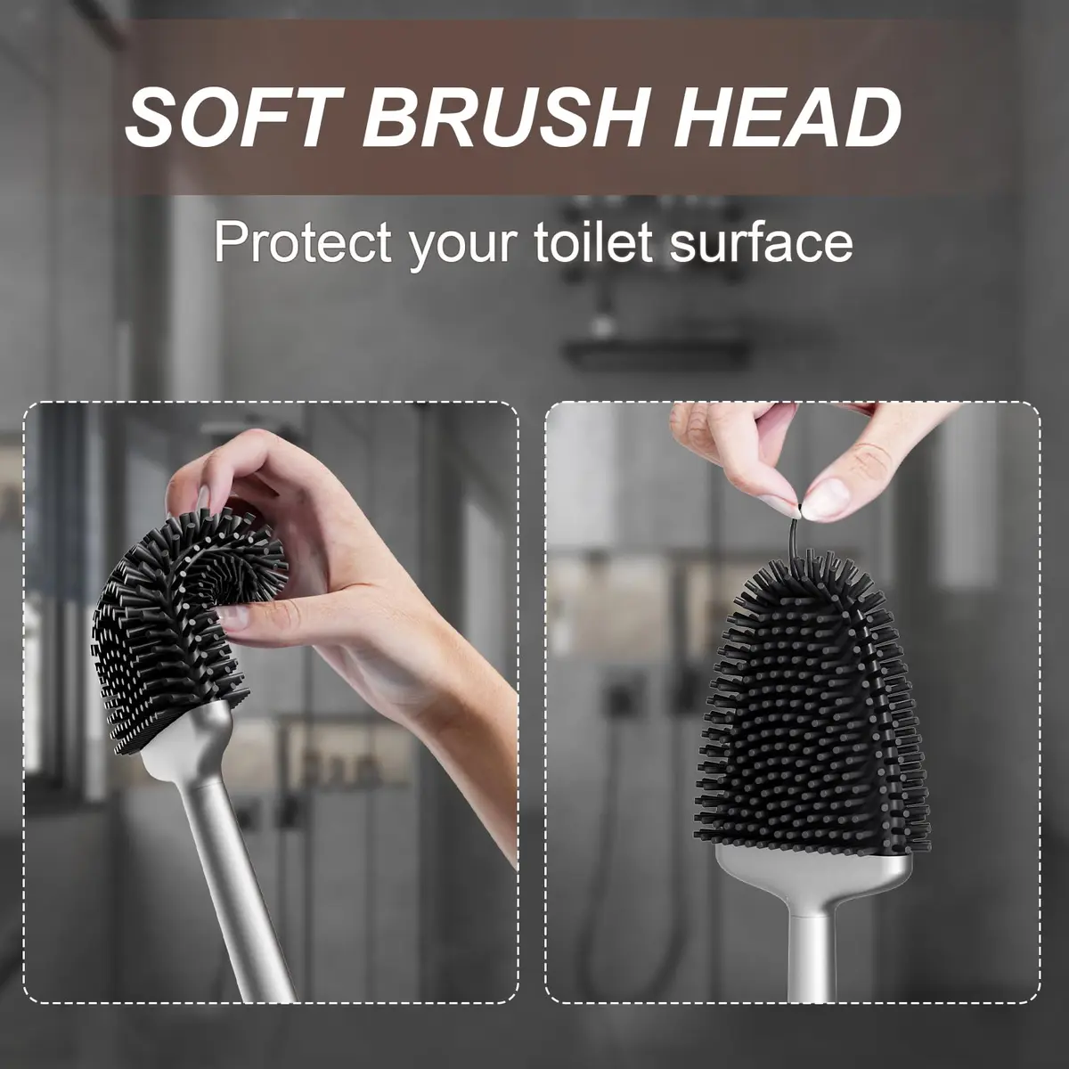 Sellemer Silicone Toilet Brush with Ventilation Holder | Flat Head, Hair-Free, Rustproof Handle (Silver, 1 Pack) - view 4