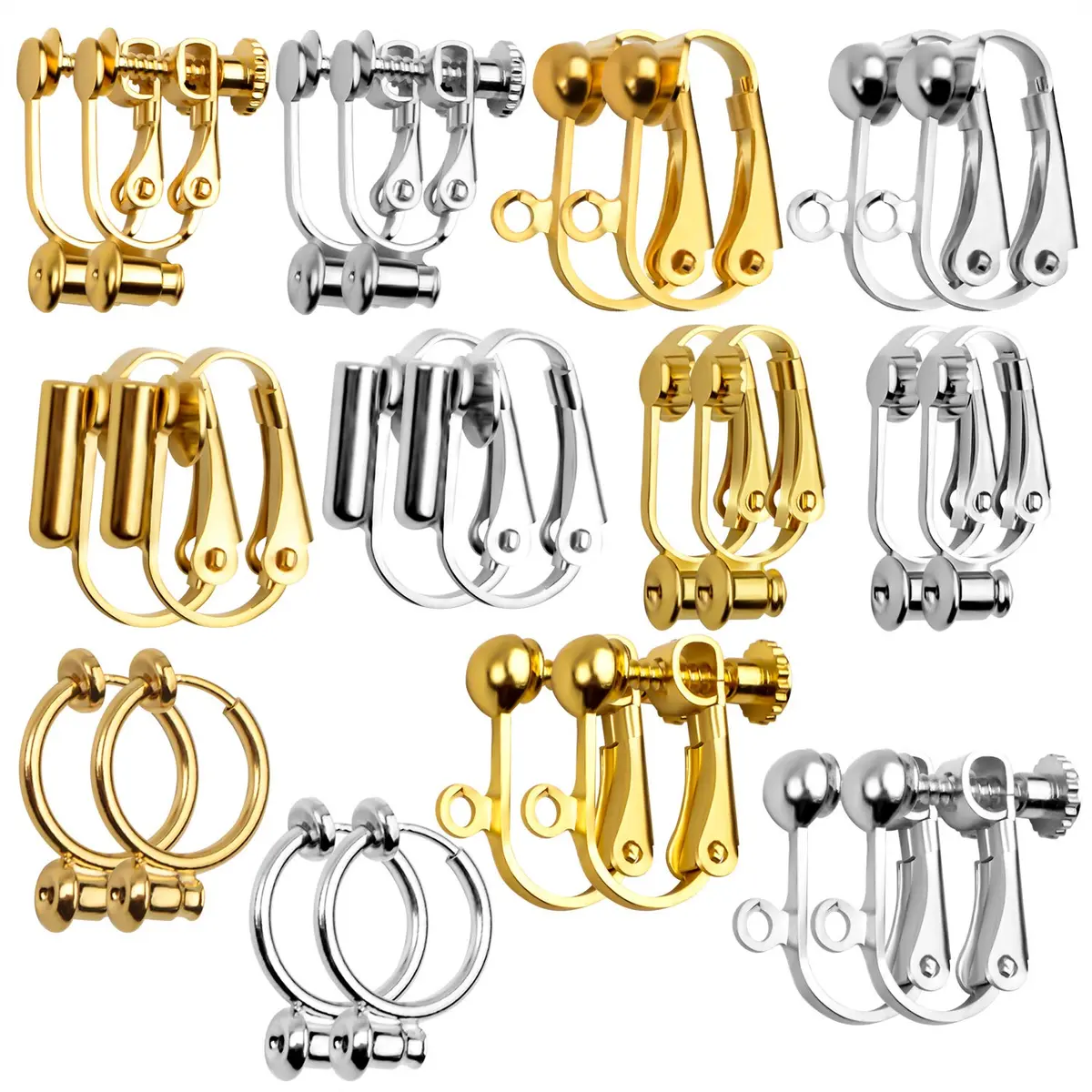 Aylifu Clip-on Earring Converters 12 Pairs (24 Pieces) | 6 Styles Golden & Silver Findings for Non-Pierced Ears - main product image