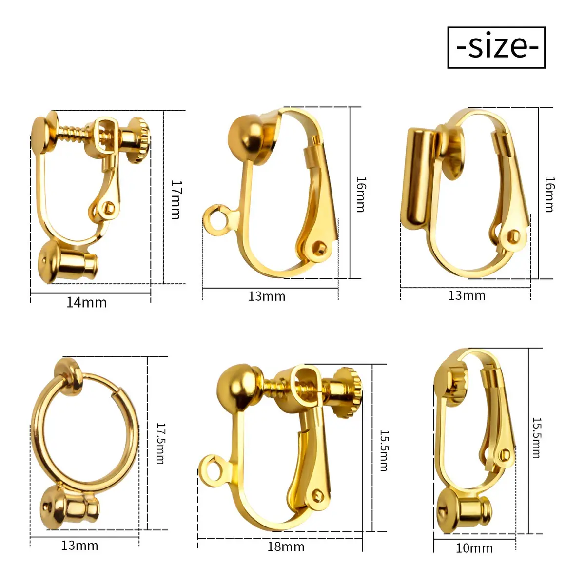 Aylifu Clip-on Earring Converters 12 Pairs (24 Pieces) | 6 Styles Golden & Silver Findings for Non-Pierced Ears - view 2