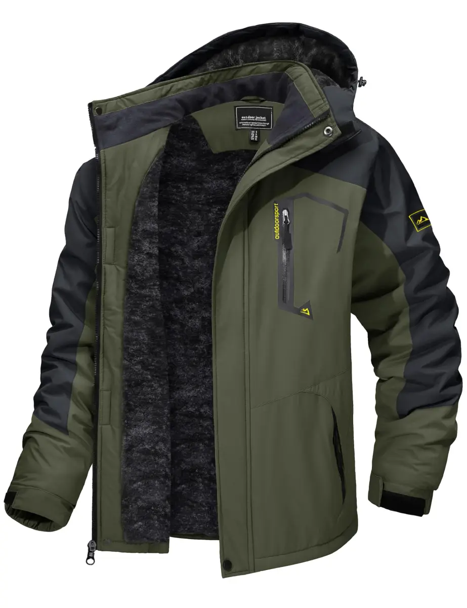 TACVASEN Men's Waterproof Warm Snowboard Tactical Coat with Fleece Lining & Detachable Hood, 0.3 kg (0.66 lb) | Green, Medium - main product image