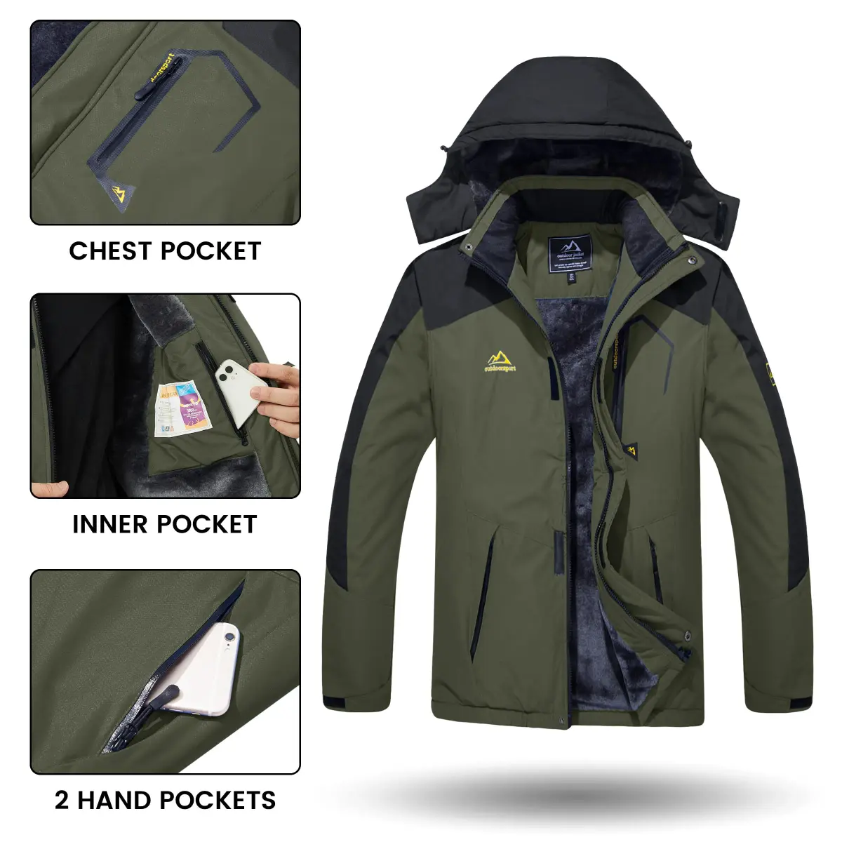 TACVASEN Men's Waterproof Warm Snowboard Tactical Coat with Fleece Lining & Detachable Hood, 0.3 kg (0.66 lb) | Green, Medium - view 5