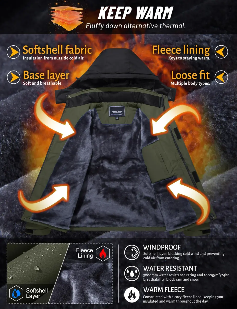 TACVASEN Men's Waterproof Warm Snowboard Tactical Coat with Fleece Lining & Detachable Hood, 0.3 kg (0.66 lb) | Green, Medium - view 3