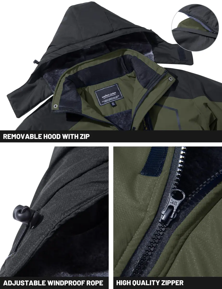 TACVASEN Men's Waterproof Warm Snowboard Tactical Coat with Fleece Lining & Detachable Hood, 0.3 kg (0.66 lb) | Green, Medium - view 4