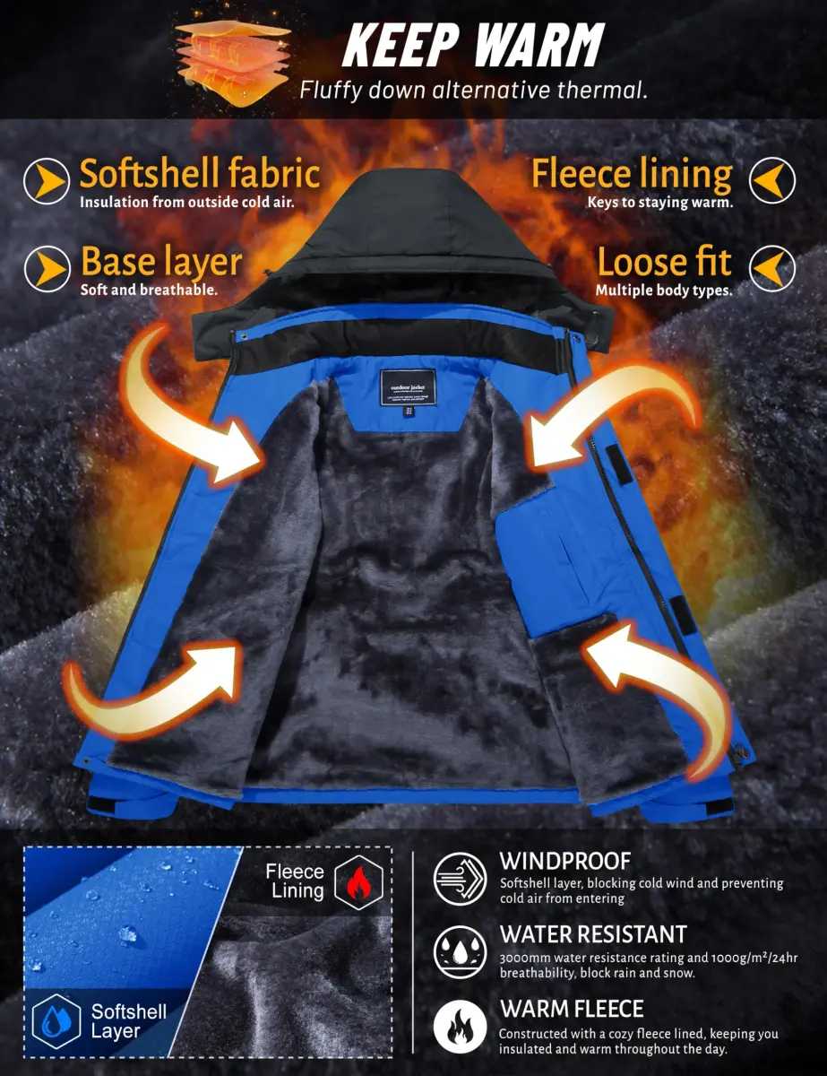TACVASEN Men's Ski Jacket Winter Waterproof Snow Coat XX-Large | Hooded Fleece Lined with 5 Pockets - view 3