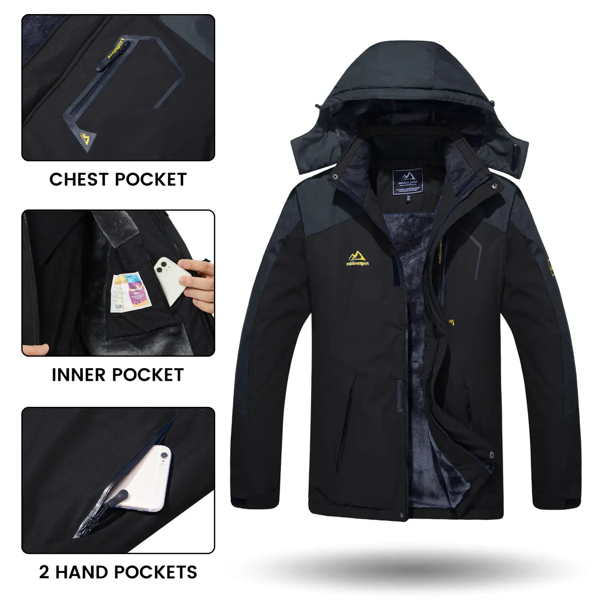 TACVASEN Men's Warm Ski Jacket with Fleece Lining & Detachable Hood XL | Waterproof Windproof Winter Coat - view 5