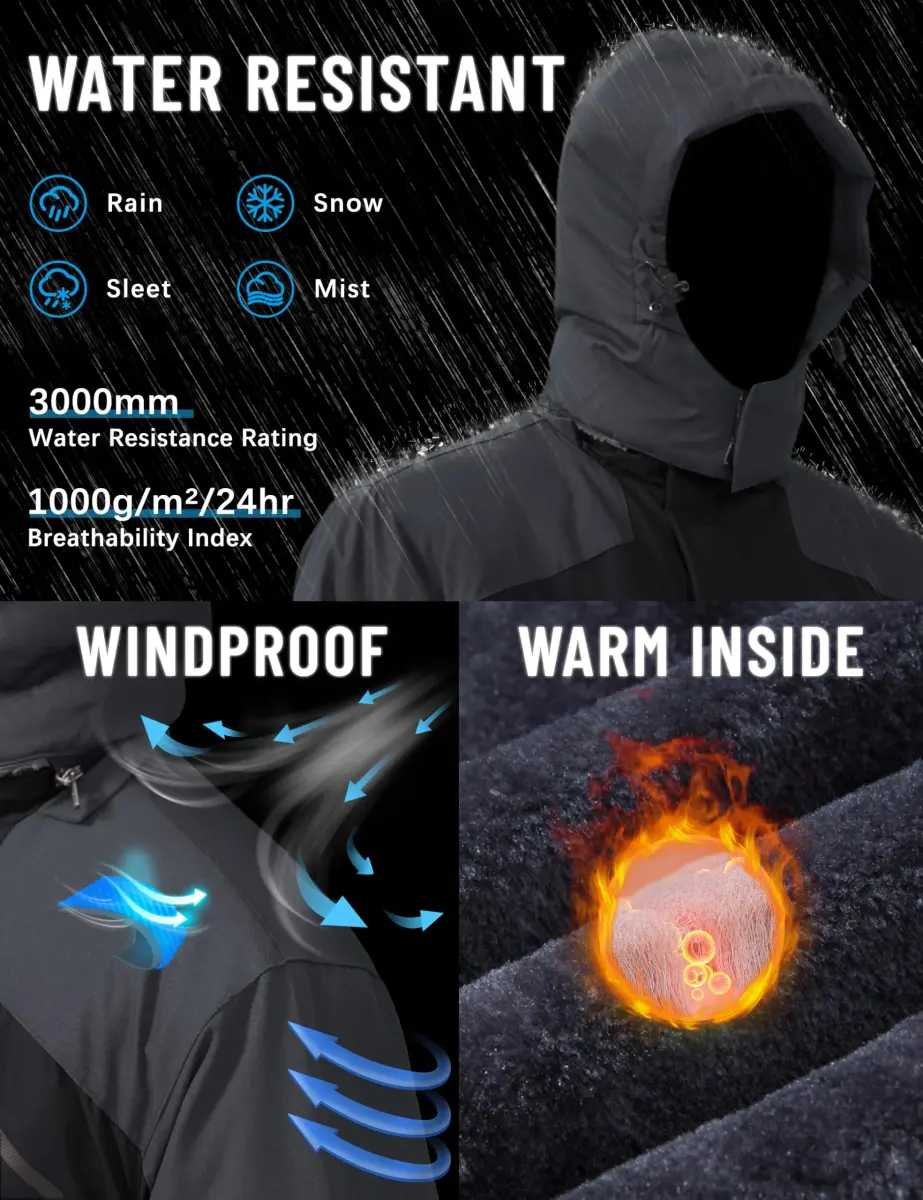 TACVASEN Men's Warm Ski Jacket with Fleece Lining & Detachable Hood XL | Waterproof Windproof Winter Coat - view 2