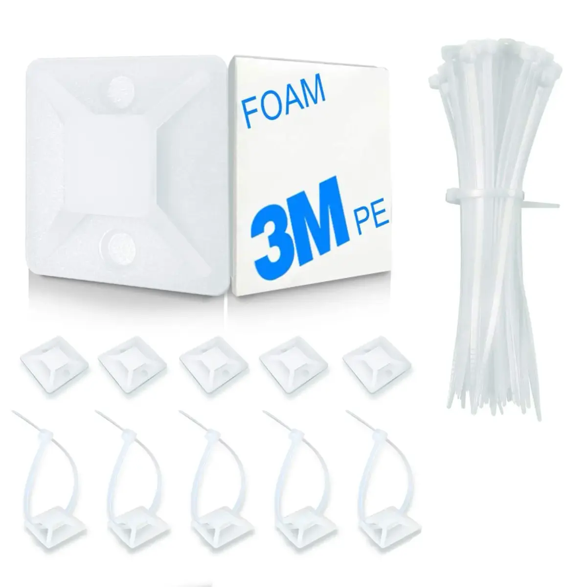 HUASAI White 100 Pack Zip Tie Mounts with 7.8" Cable Ties | Organize Wires Under Desks & Walls - main product image