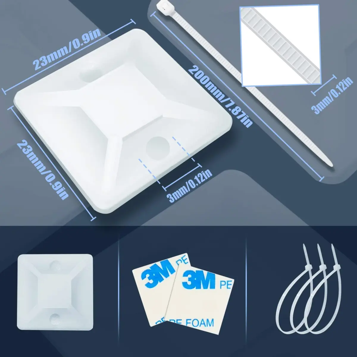 HUASAI White 100 Pack Zip Tie Mounts with 7.8" Cable Ties | Organize Wires Under Desks & Walls - view 2