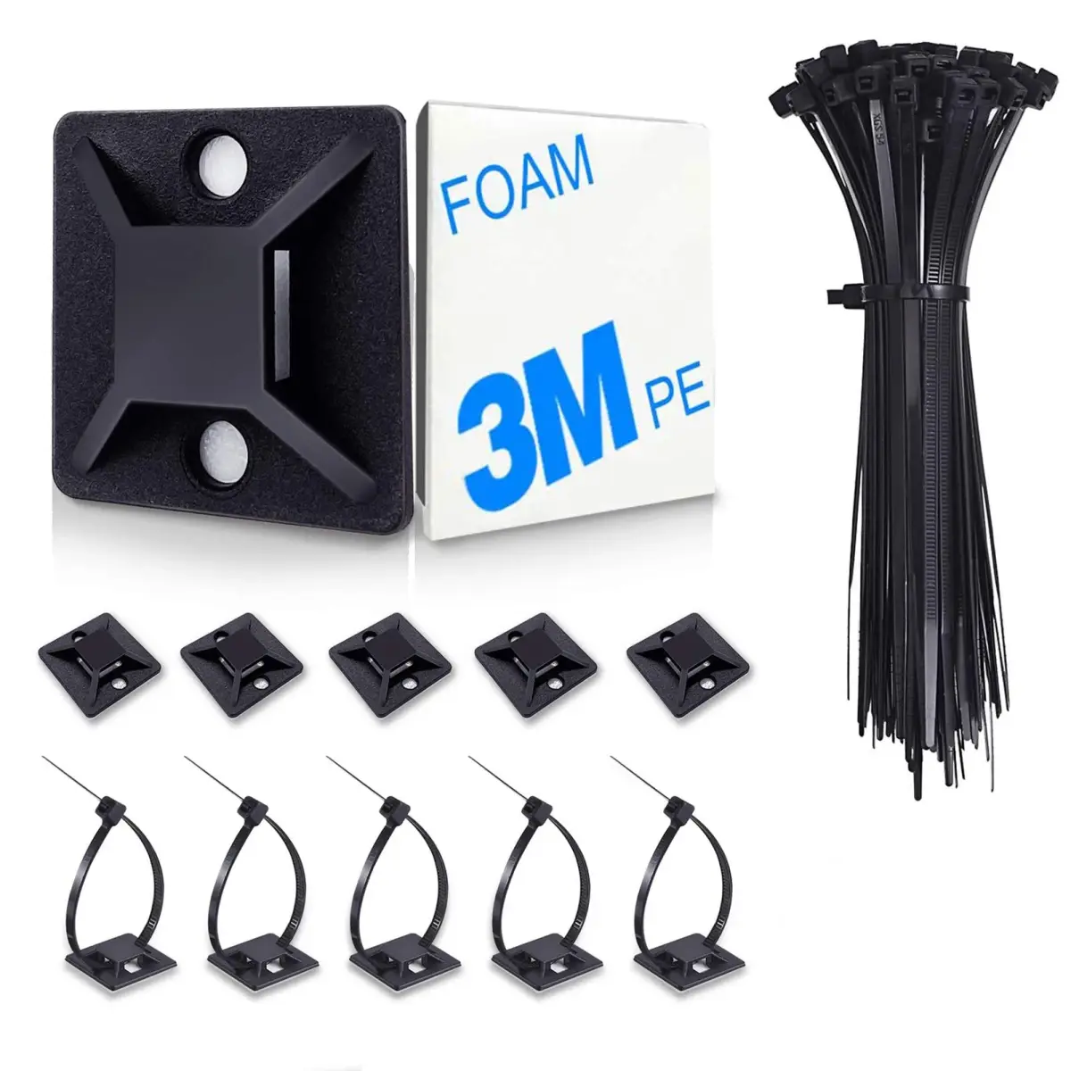 HUASAI Black 100 Pack Cable Tie Mounts with Zip Ties | Organize Wires Indoors & Outdoors - main product image