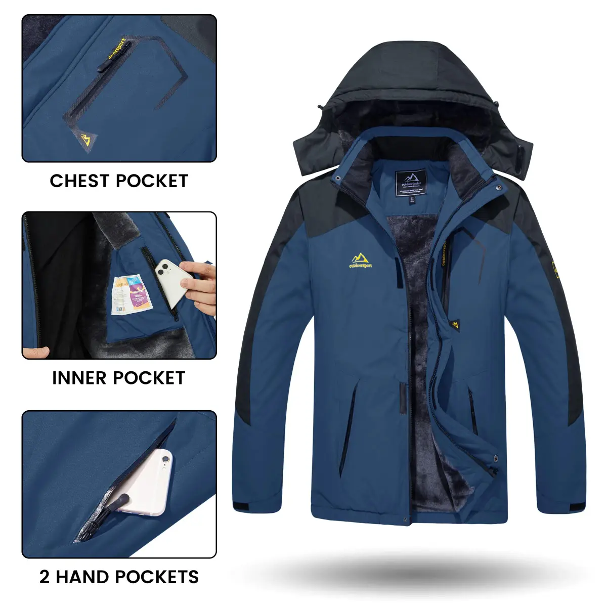 TACVASEN Men's Waterproof Ski Snowboarding Jacket with Fleece Lining, Denim Blue, Large | Warm Winter Coat for Cold Weather Sports - view 5