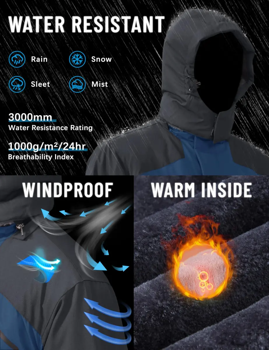 TACVASEN Men's Waterproof Ski Snowboarding Jacket with Fleece Lining, Denim Blue, Large | Warm Winter Coat for Cold Weather Sports - view 2