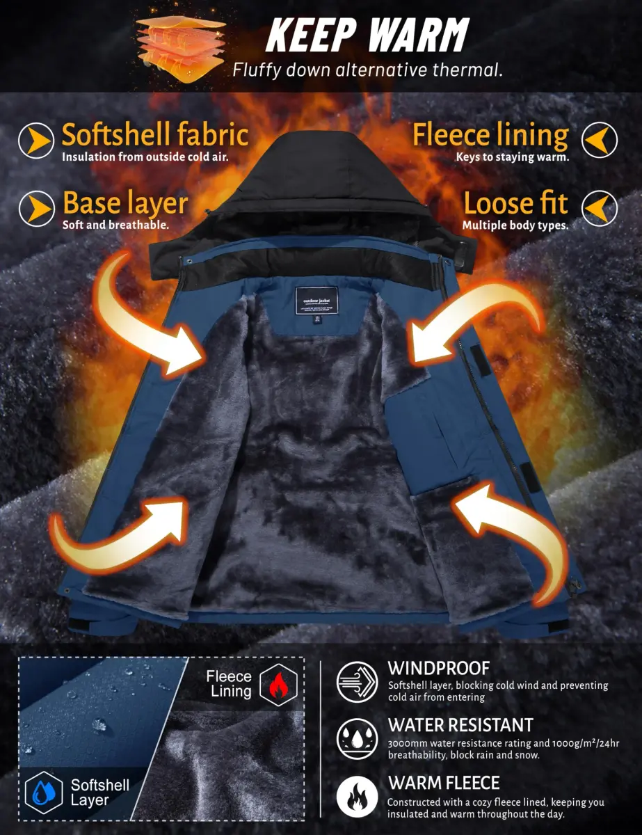 TACVASEN Men's Waterproof Ski Snowboarding Jacket with Fleece Lining, Denim Blue, Large | Warm Winter Coat for Cold Weather Sports - view 3