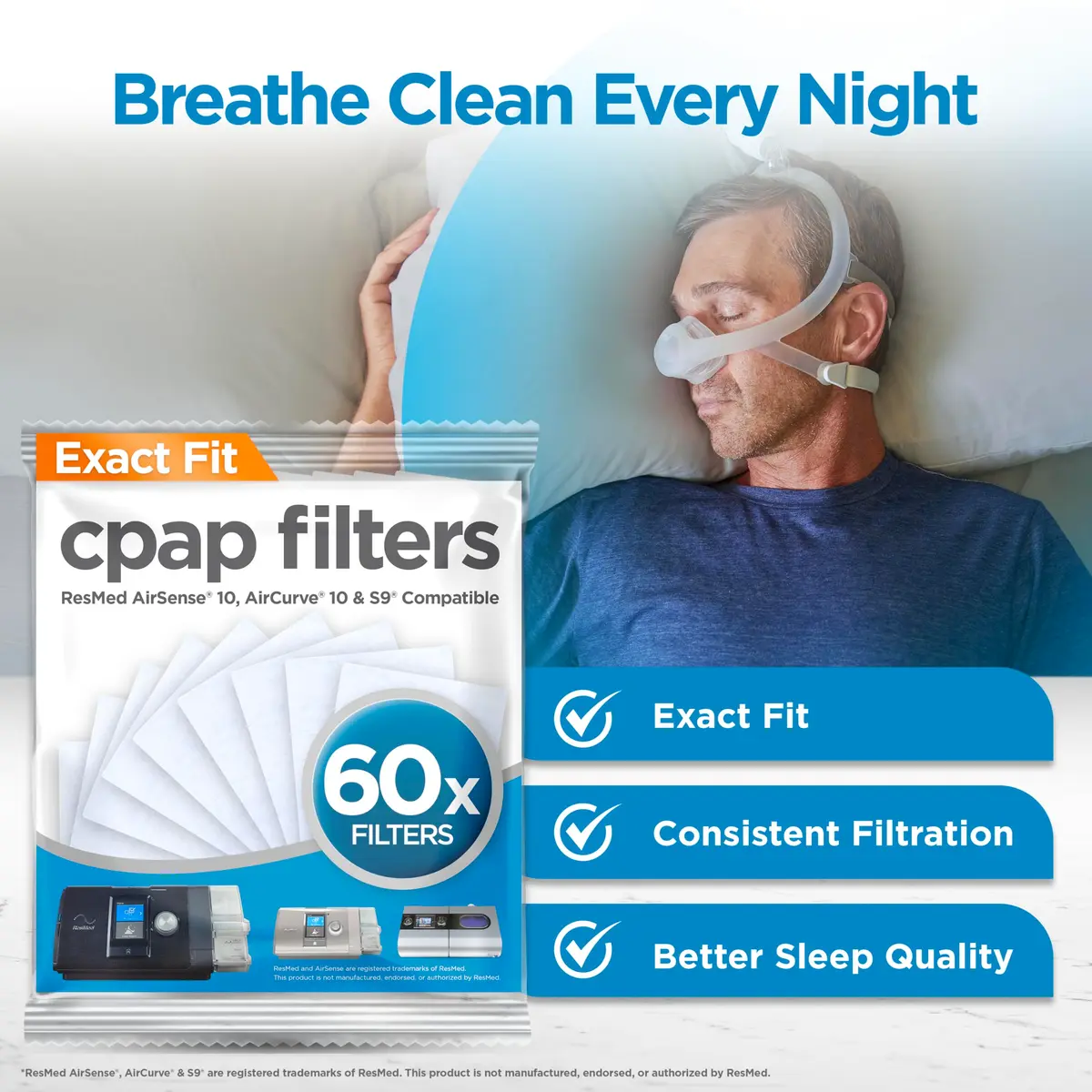 RespLabs CPAP Filters for ResMed AirSense 10 & AirCurve 10 - 60 Pack Disposable Replacement Filters | 1+ Year Supply - view 6