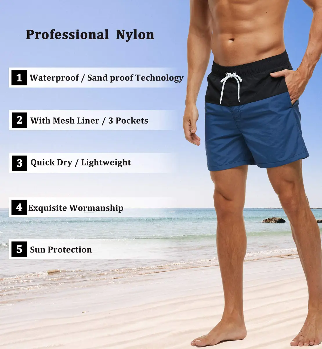 SILKWORLD Men's Swim Trunks Quick Dry Bathing Suit, Black, M | Lightweight, Fast Dry, Adjustable Waist - view 5