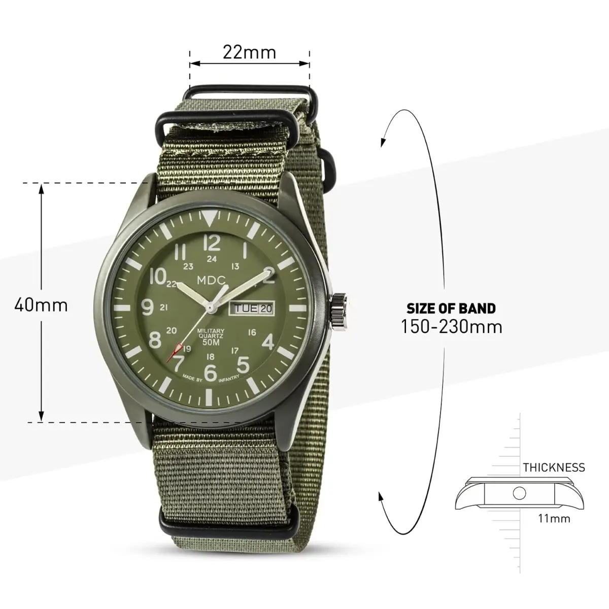 Infantry Mens Military Field Watch Vietnam Style 40mm Green Nylon Band | Classic Tactical Design - view 7
