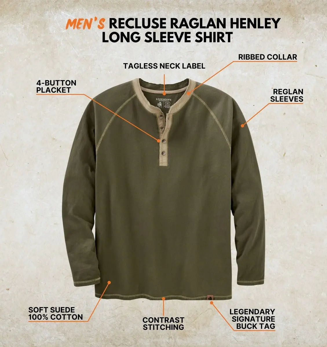 Legendary Whitetails Long Sleeve Cotton Henley Shirt Army | Rugged Outdoor Style (70-120 chars) - view 3