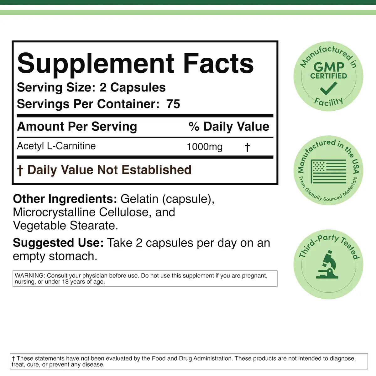 Double Wood Supplements Acetyl L-Carnitine 1,000mg | Memory + Energy Support, 150 Capsules - view 5
