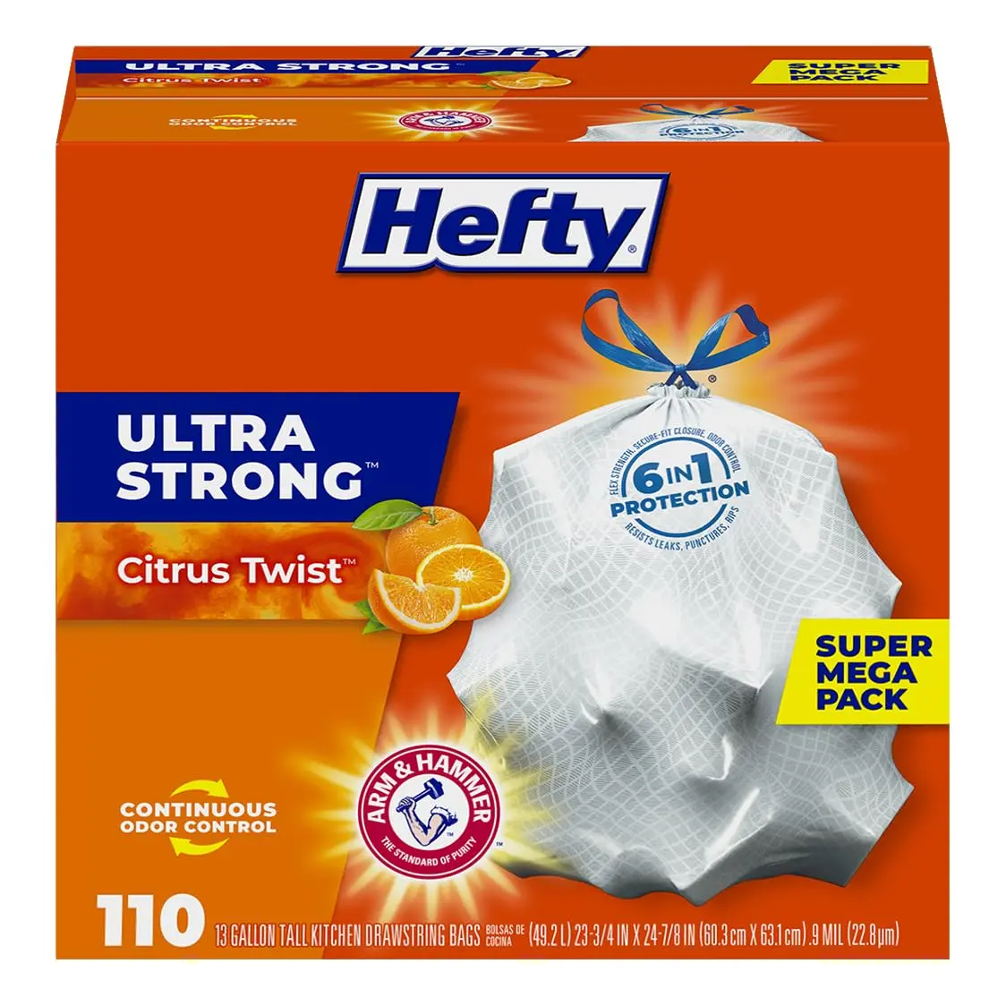 Hefty Ultra Strong 13 Gal Kitchen Trash Bags | Leak & Rip Resistant, Citrus Twist Scent, 110ct - main product image