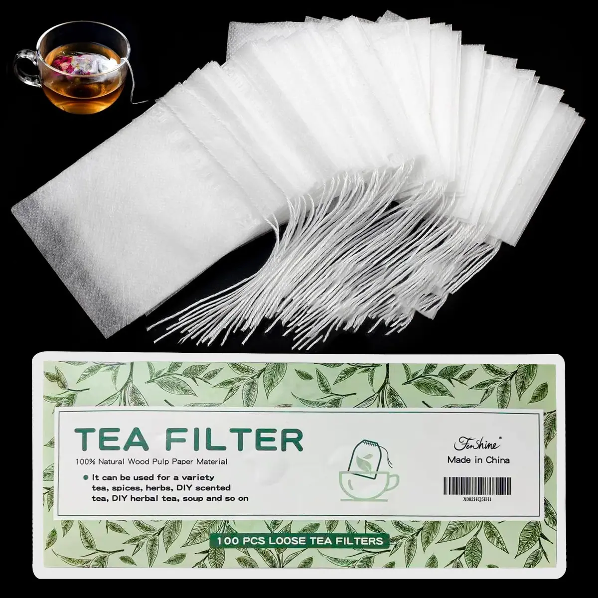 fenshine Disposable Tea Bags 100 pcs | Biodegradable Corn Fiber Tea Filter Bags with Drawstring - main product image