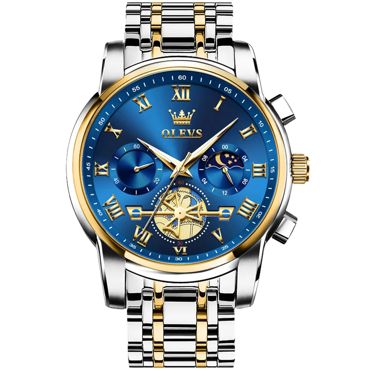 OLEVS Blue Watches for Men Luxury Analog Stainless Steel Dress | 41mm Diameter, Water-Resistant to 30m - main product image