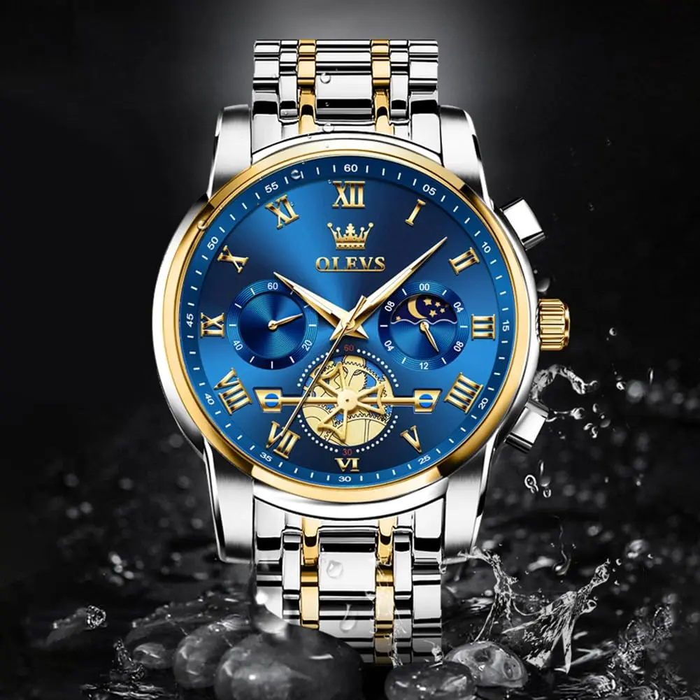OLEVS Blue Watches for Men Luxury Analog Stainless Steel Dress | 41mm Diameter, Water-Resistant to 30m - view 7