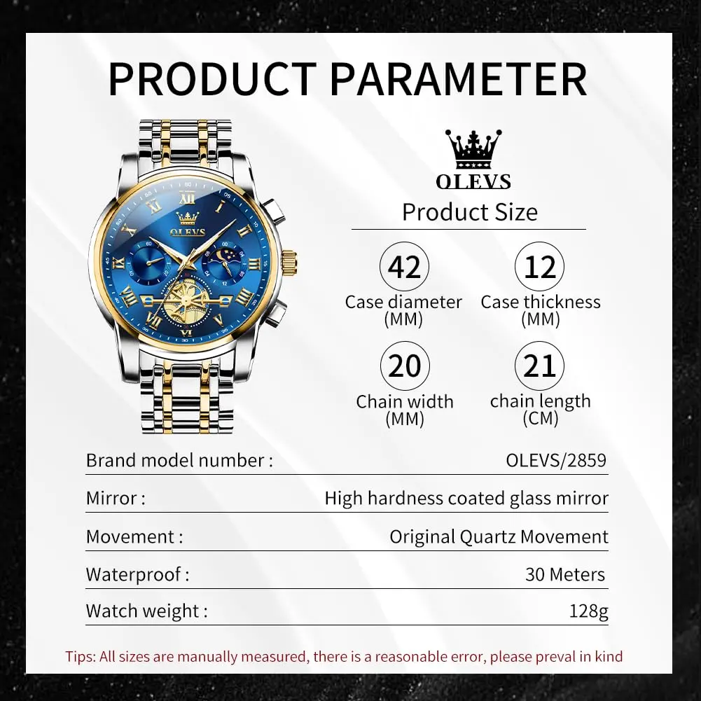 OLEVS Blue Watches for Men Luxury Analog Stainless Steel Dress | 41mm Diameter, Water-Resistant to 30m - view 8