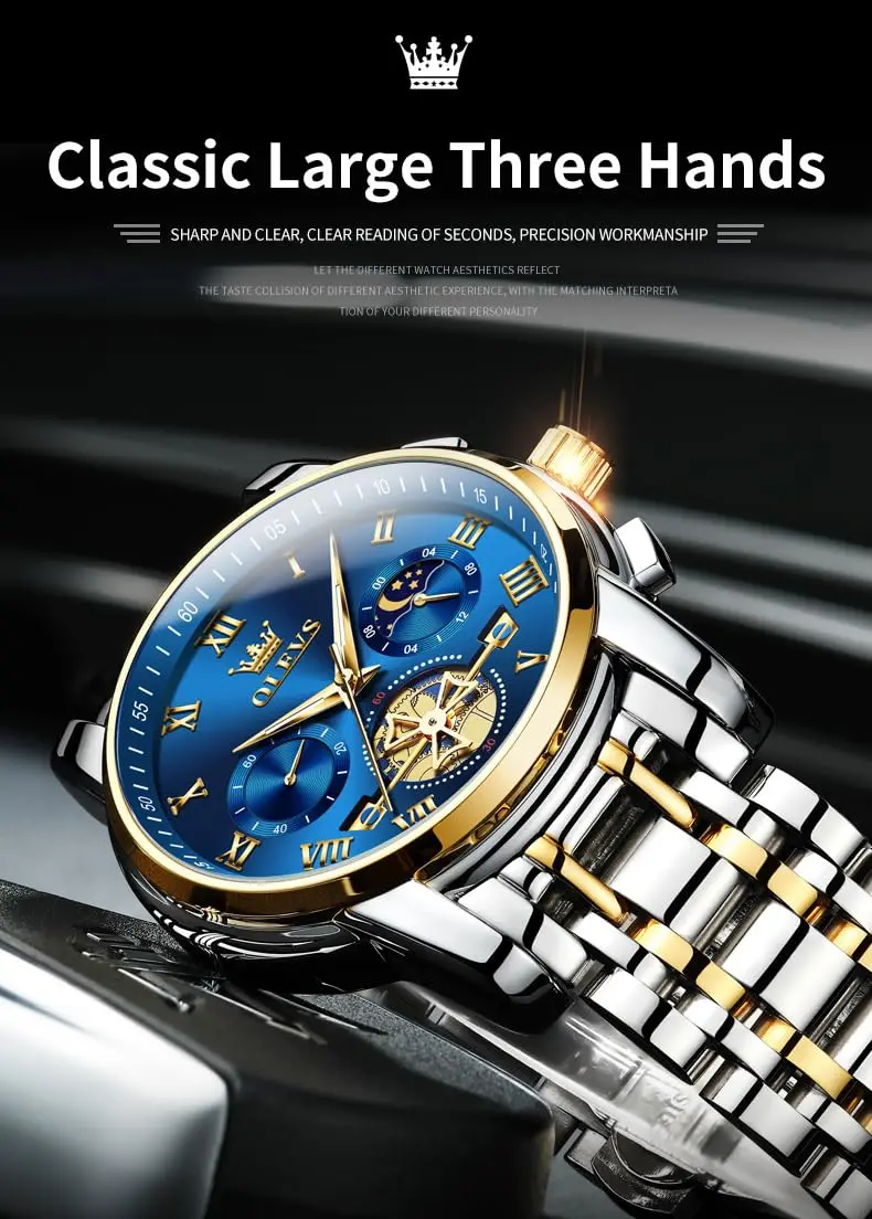 OLEVS Blue Watches for Men Luxury Analog Stainless Steel Dress | 41mm Diameter, Water-Resistant to 30m - view 9