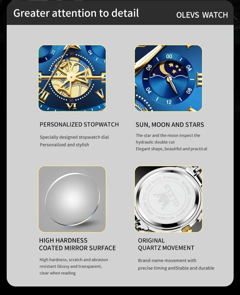 OLEVS Blue Watches for Men Luxury Analog Stainless Steel Dress | 41mm Diameter, Water-Resistant to 30m - view 11
