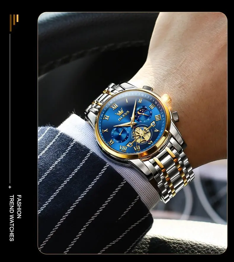 OLEVS Blue Watches for Men Luxury Analog Stainless Steel Dress | 41mm Diameter, Water-Resistant to 30m - view 2