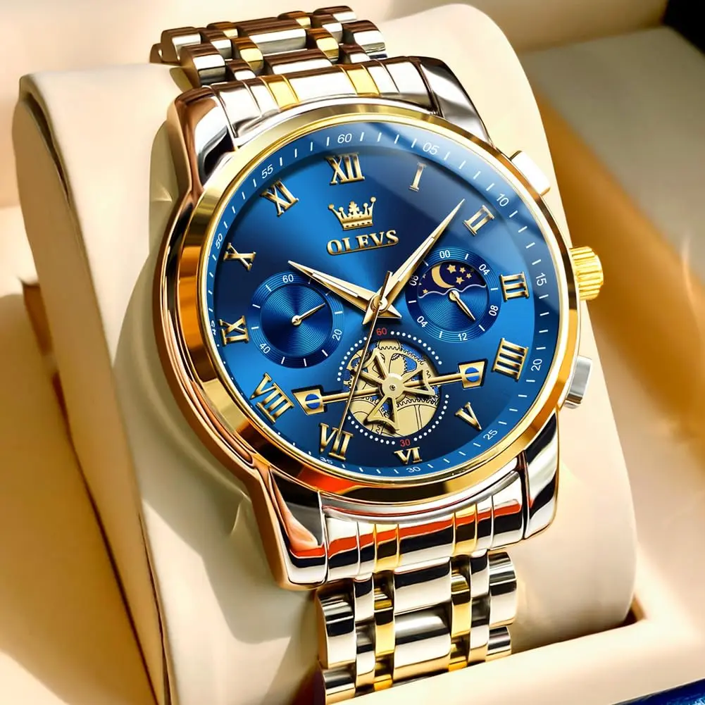 OLEVS Blue Watches for Men Luxury Analog Stainless Steel Dress | 41mm Diameter, Water-Resistant to 30m - view 4