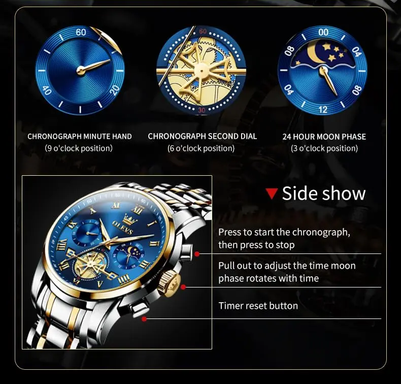 OLEVS Blue Watches for Men Luxury Analog Stainless Steel Dress | 41mm Diameter, Water-Resistant to 30m - view 5
