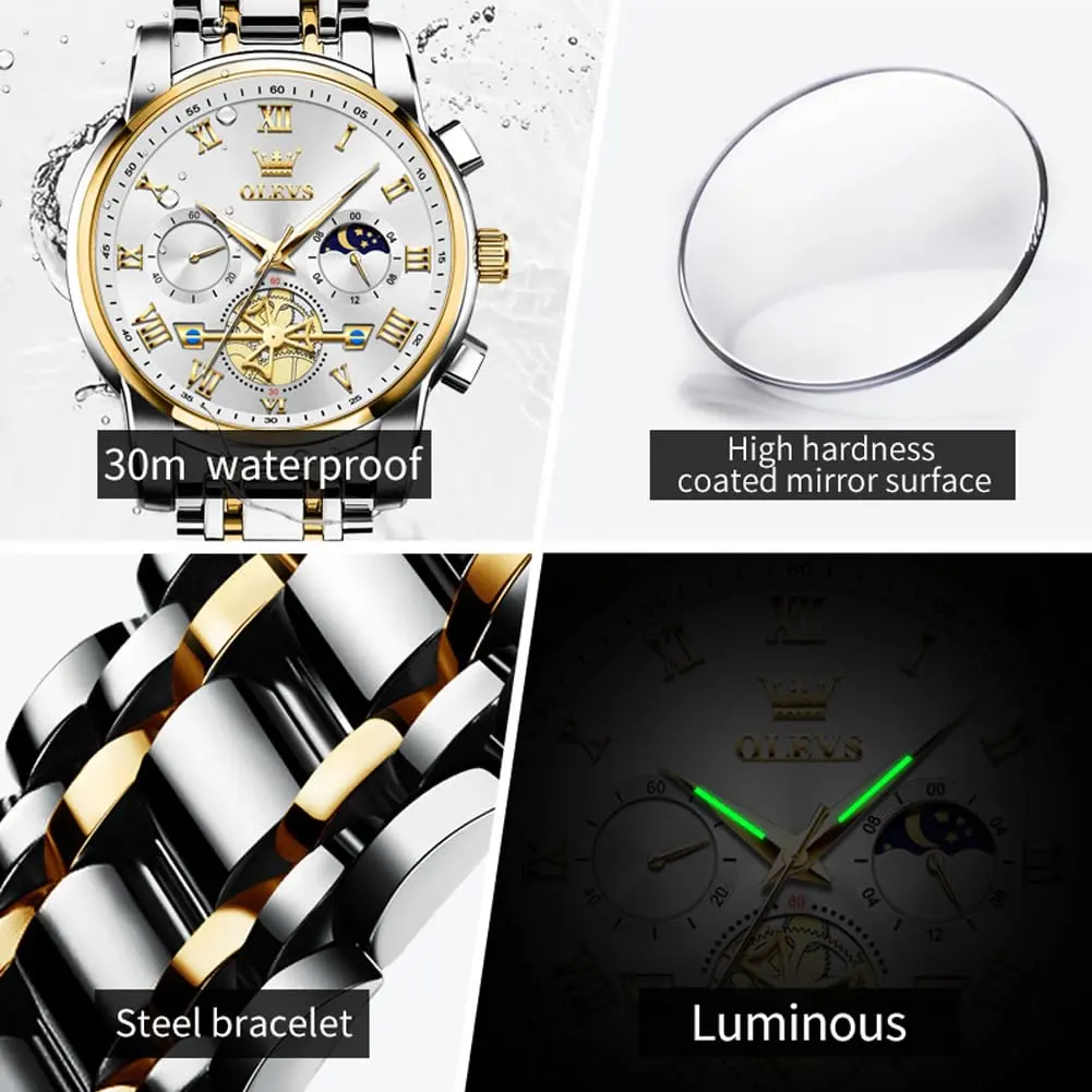 OLEVS Silver Luxury Men's Watch Analog Quartz Chronograph with Luminous Dial, 41mm Case | Imported for India - view 4