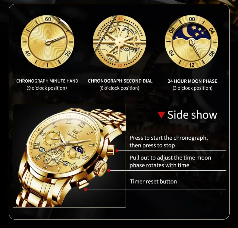 OLEVS Men Gold Watch Large Face Quartz Chronograph Waterproof 42mm | Luxury Stainless Steel - view 5