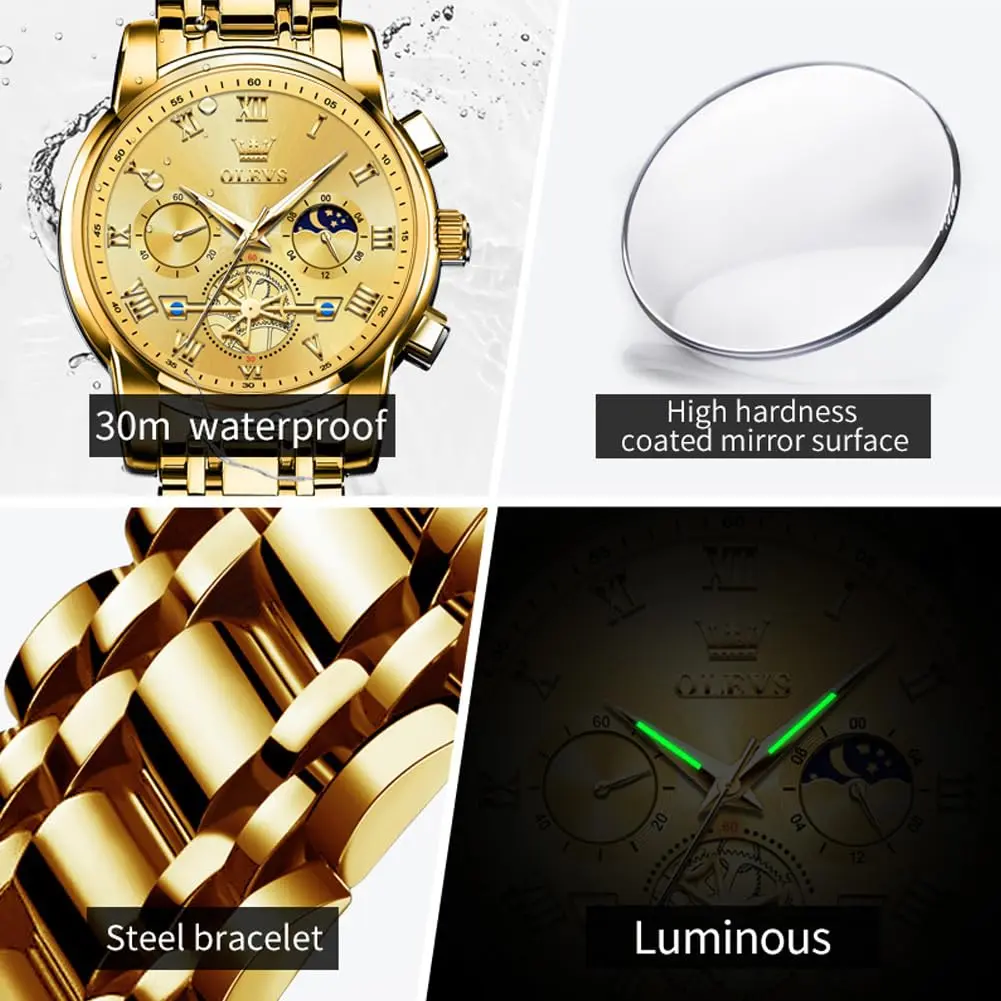 OLEVS Men Gold Watch Large Face Quartz Chronograph Waterproof 42mm | Luxury Stainless Steel - view 6